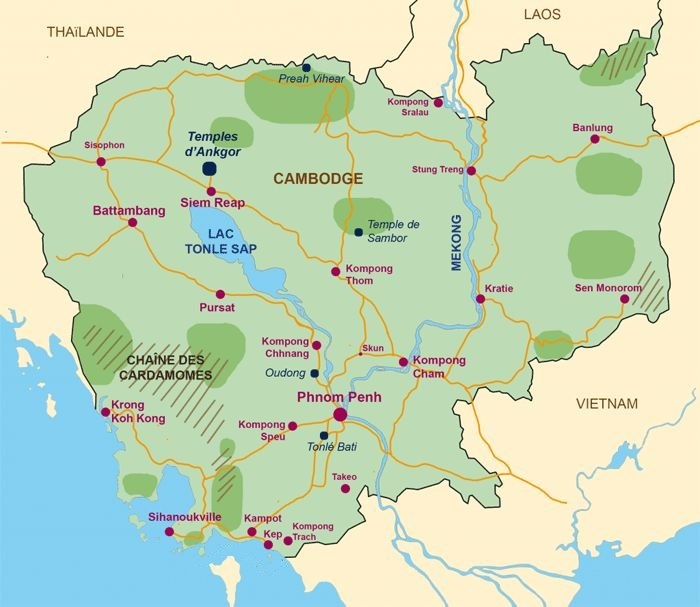 Carte routière du Cambodge indiquant les principales villes, les fleuves, le lac Tonlé Sap, les massifs montagneux et les pays voisins